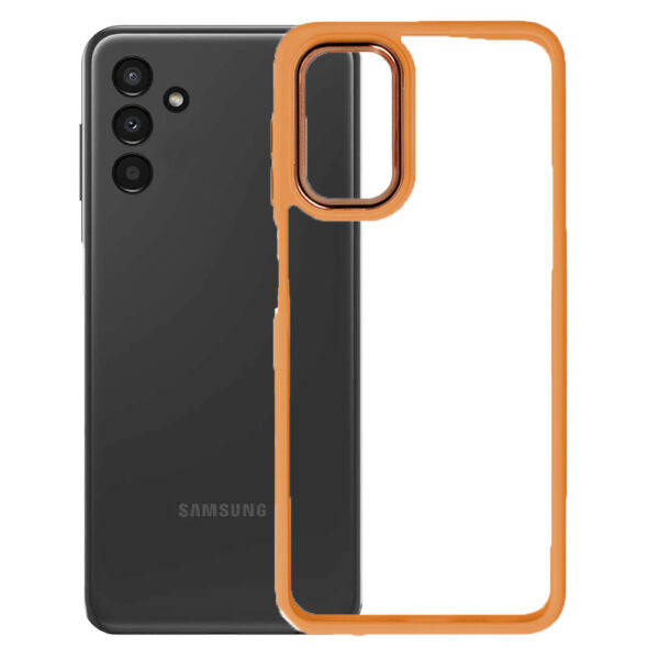 Husa Clear Back compatibila cu Samsung Galaxy A04s, Spate tare din policarbonat, Margini TPU, Rama metalica camera foto, Margini ridicate, Protectie Anti-Soc, Portocaliu/Transparent