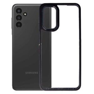 Husa Clear Back compatibila cu Samsung Galaxy A13 5G, Spate tare din policarbonat, Margini TPU, Rama metalica camera foto, Margini ridicate, Protectie Anti-Soc, Negru/Transparent