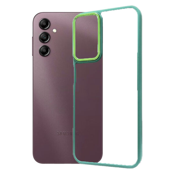 Husa Clear Back compatibila cu Samsung Galaxy A14 4G, Spate tare din policarbonat, Margini TPU, Rama metalica camera foto, Margini ridicate, Protectie Anti-Soc, Verde inchis/Transparent