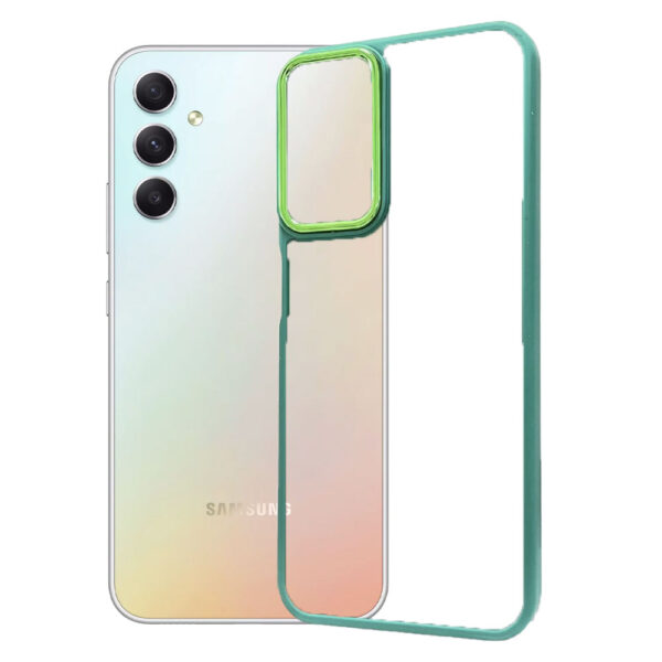 Husa Clear Back compatibila cu Samsung Galaxy A34, Spate tare din policarbonat, Margini TPU, Rama metalica camera foto, Margini ridicate, Protectie Anti-Soc, Verde inchis/Transparent