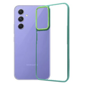 Husa Clear Back compatibila cu Samsung Galaxy A54, Spate tare din policarbonat, Margini TPU, Rama metalica camera foto, Margini ridicate, Protectie Anti-Soc, Verde inchis/Transparent