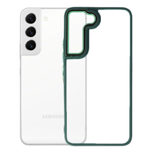 Husa Clear Back compatibila cu Samsung Galaxy S22, Spate tare din policarbonat, Margini TPU, Rama metalica camera foto, Margini ridicate, Protectie Anti-Soc, Verde inchis/Transparent