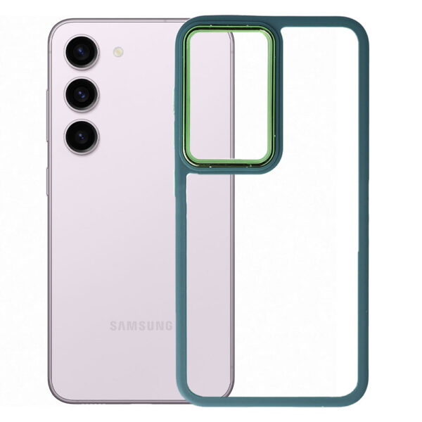 Husa Clear Back compatibila cu Samsung Galaxy S23, Spate tare din policarbonat, Margini TPU, Rama metalica camera foto, Margini ridicate, Protectie Anti-Soc, Verde inchis/Transparent