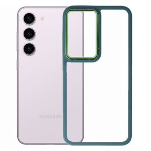 Husa Clear Back compatibila cu Samsung Galaxy S23 Plus, Spate tare din policarbonat, Margini TPU, Rama metalica camera foto, Margini ridicate, Protectie Anti-Soc, Verde inchis/Transparent