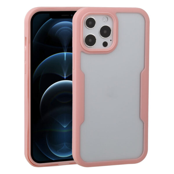 Husa 360 grade compatibila cu Apple iPhone 12 / 12 Pro, Cu protector de ecran inclus, Rezistenta la socuri, Anti-ingalbenire, Anti-zgarieturi, Durabila, Margini inaltate de 3mm, Roz/Transparent