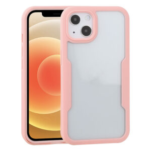 Husa 360 grade compatibila cu Apple iPhone 14, Cu protector de ecran inclus, Rezistenta la socuri, Anti-ingalbenire, Anti-zgarieturi, Durabila, Margini inaltate de 3mm, Roz/Transparent