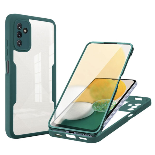 Husa 360 grade compatibila cu Samsung Galaxy A13 5G, Cu protector de ecran inclus, Rezistenta la socuri, Anti-ingalbenire, Anti-zgarieturi, Durabila, Margini inaltate de 3mm, Verde/Transparent