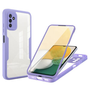 Husa 360 grade compatibila cu Samsung Galaxy A04s, Cu protector de ecran inclus, Rezistenta la socuri, Anti-ingalbenire, Anti-zgarieturi, Durabila, Margini inaltate de 3mm, Lila/Transparent