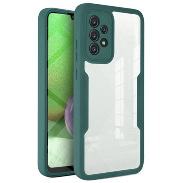 Husa 360 grade compatibila cu Samsung Galaxy A23 4G / A23 5G, Cu protector de ecran inclus, Rezistenta la socuri, Anti-ingalbenire, Anti-zgarieturi, Durabila, Margini inaltate de 3mm, Verde/Transparent