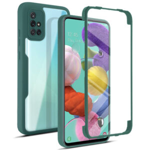 Husa 360 grade compatibila cu Samsung Galaxy A51, Cu protector de ecran inclus, Rezistenta la socuri, Anti-ingalbenire, Anti-zgarieturi, Durabila, Margini inaltate de 3mm, Verde/Transparent