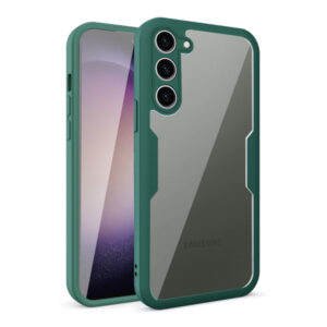 Husa 360 grade compatibila cu Samsung Galaxy S23 Plus, Cu protector de ecran inclus, Rezistenta la socuri, Anti-ingalbenire, Anti-zgarieturi, Durabila, Margini inaltate de 3mm, Verde/Transparent