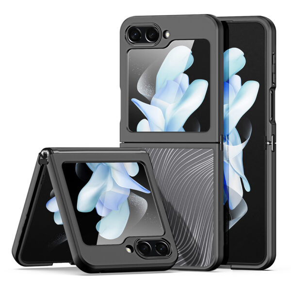 Husa compatibila cu Samsung Galaxy Z Flip5, Matte Style Deluxe, Suprafata mata, Spate transparent cu accente sidefate, Negru