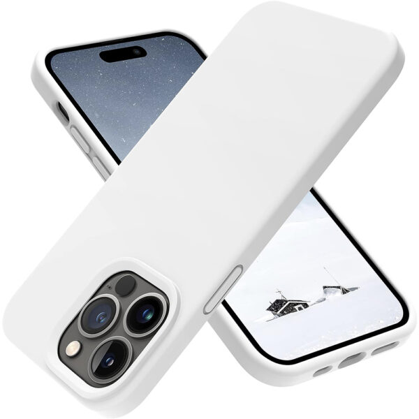 Husa compatibila cu iPhone 15 Pro, Soft Silicone Silk, Protectie Ultra Slim, Suporta Incarcarea Wireless, Margini Ridicate pentru Protectia Ecranului si a Camerelor, Alb