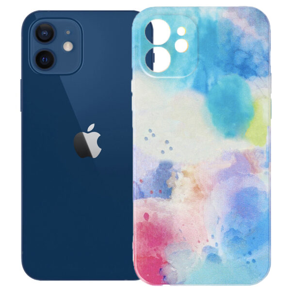 Husa compatibila cu Apple iPhone 12, FONIX Watercolour Painting Cover, Design colorat, Protectie camere, Albastru lavanda