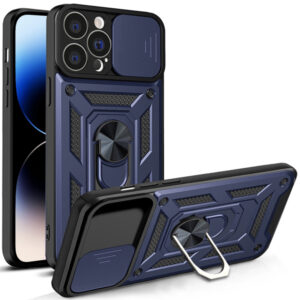 Husa telefon, compatibila cu Apple iPhone 15 Pro, Rugged Shield LensProtect, Anti-soc, Capac glisant pentru camere, Protectie lentile, Acoperire completa, Inel de prindere, Magnet, Albastru