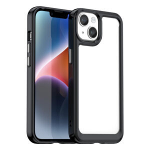 Husa Reinforced Clear compatibila cu Apple iPhone 15, Spate tare din policarbonat, Rama TPU flexibila, Margini ridicate, Butoane metalice, Protectie anti-soc, Transparent/Negru