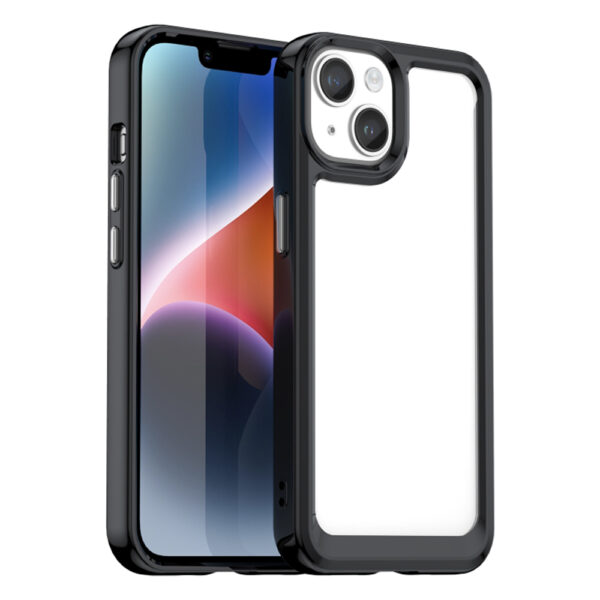 Husa Reinforced Clear compatibila cu Apple iPhone 15, Spate tare din policarbonat, Rama TPU flexibila, Margini ridicate, Butoane metalice, Protectie anti-soc, Transparent/Negru