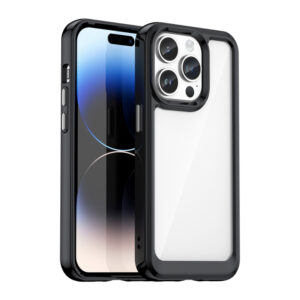 Husa Reinforced Clear compatibila cu Apple iPhone 15 Pro, Spate tare din policarbonat, Rama TPU flexibila, Margini ridicate, Butoane metalice, Protectie anti-soc, Transparent/Negru