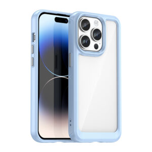 Husa Reinforced Clear compatibila cu Apple iPhone 15 Pro, Spate tare din policarbonat, Rama TPU flexibila, Margini ridicate, Butoane metalice, Protectie anti-soc, Transparent/Albastru