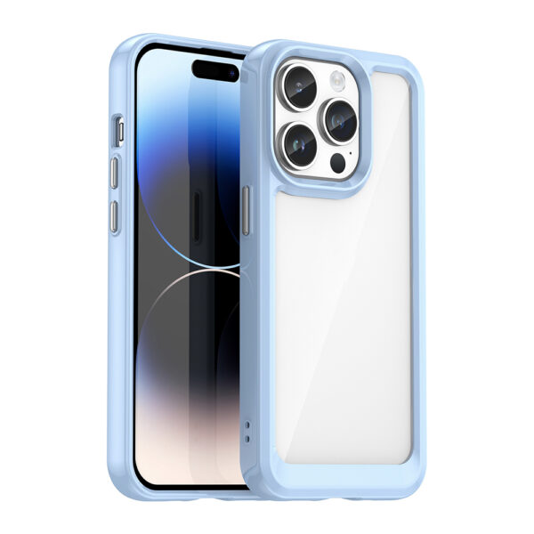 Husa Reinforced Clear compatibila cu Apple iPhone 15 Pro, Spate tare din policarbonat, Rama TPU flexibila, Margini ridicate, Butoane metalice, Protectie anti-soc, Transparent/Albastru