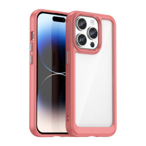 Husa Reinforced Clear compatibila cu Apple iPhone 15 Pro, Spate tare din policarbonat, Rama TPU flexibila, Margini ridicate, Butoane metalice, Protectie anti-soc, Transparent/Rosu