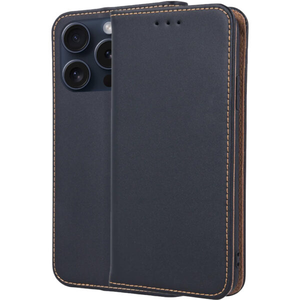 Husa din piele naturala compatibila cu Apple iPhone 15 Pro, Authentic Leather Book, Buzunar card, Protectie completa, Tip carte, Negru