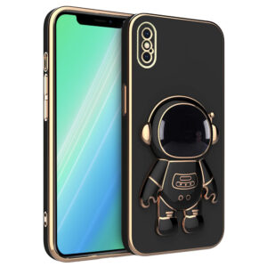 Husa compatibila cu Apple iPhone X, Astronaut, Stand suport, Accente aurii, Margini ridicate, Negru