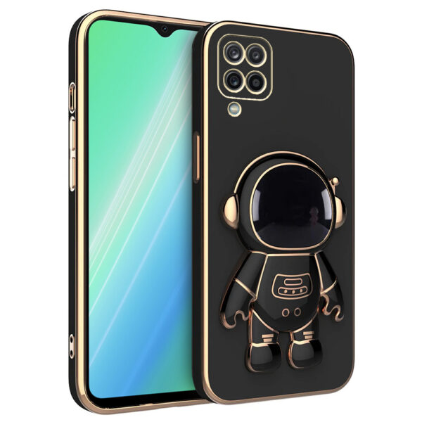 Husa compatibila cu Samsung Galaxy A12 / M12, Astronaut, Stand suport, Accente aurii, Margini ridicate, Negru