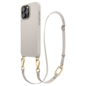 Husa de protectie compatibila cu Apple iPhone 15 Pro Max, Glamour Lanyard, Curea ajustabila 1.4m, Bumper anti-aderent, Margini ridicate, Crem