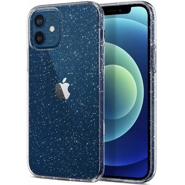 Husa Glitter Shine compatibila cu Apple iPhone 12, Accente cu sclipici, Silicon, Acoperire completa, Margini ridicate, Slim, Transparent