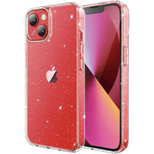 Husa Glitter Shine compatibila cu Apple iPhone 14, Accente cu sclipici, Silicon, Acoperire completa, Margini ridicate, Slim, Transparent