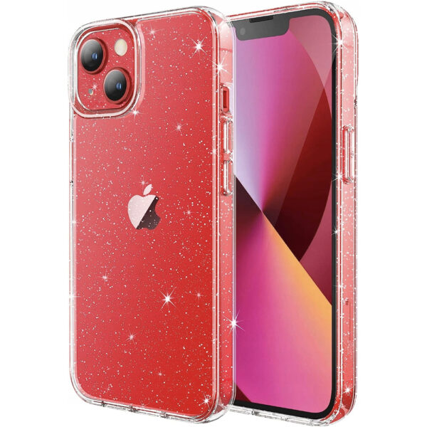 Husa Glitter Shine compatibila cu Apple iPhone 14, Accente cu sclipici, Silicon, Acoperire completa, Margini ridicate, Slim, Transparent