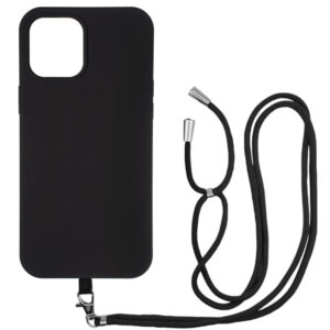 Husa compatibila cu Apple iPhone 12, Sport Body Lanyard Case, Snur detasabil, Lungime reglabila, 80 cm, Silicon anti-alunecare, Interior de microfibra, Negru