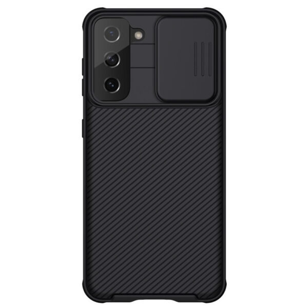 Husa compatibila cu Samsung Galaxy S21, LensShield Obsidian, Capac glisant pentru protectie camere, Margini anti-alunecare, Spate texturat, Colturi anti-soc, Negru