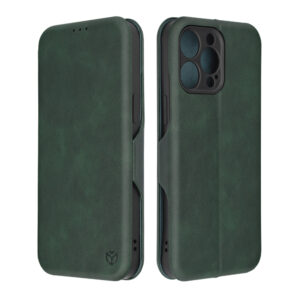 Husa Power Magnet compatibila cu iPhone 14 Pro Max, Interior catifea, Exterior piele, Tip carte, Suport card, Protectie camere, Inchidere magnetica, Verde Inchis