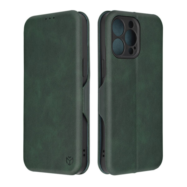 Husa Power Magnet compatibila cu iPhone 14 Pro Max, Interior catifea, Exterior piele, Tip carte, Suport card, Protectie camere, Inchidere magnetica, Verde Inchis