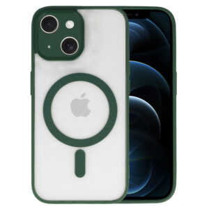 Husa de protectie MagSafe de poliuretan, compatibila Apple iPhone 13, Mag Cover DeLuxe, Rama termoplastic flexibil, Margini ridicate, Confortabila, Anti-soc, compatibila Wireless Charging, Transparent/Verde inchis