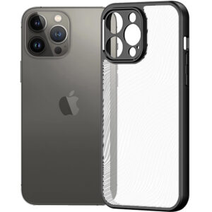 Husa de protectie, compatibila Apple iPhone 13 Pro Max, FONIX Matte DeLuxe, Suprafata mata, Spate transparent cu accente sidefate, Margini ridicate, Anti-soc, Negru/Transparent