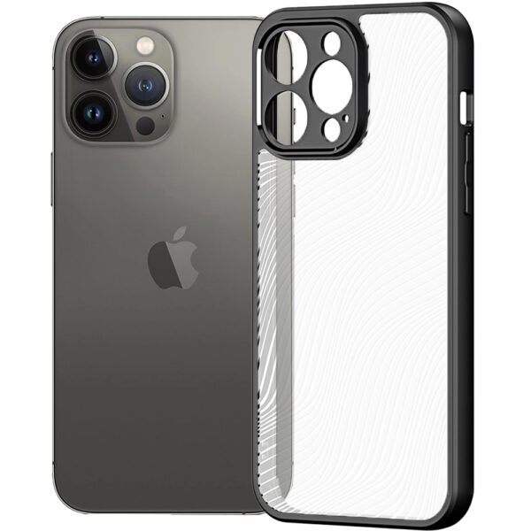 Husa de protectie, compatibila Apple iPhone 13 Pro Max, FONIX Matte DeLuxe, Suprafata mata, Spate transparent cu accente sidefate, Margini ridicate, Anti-soc, Negru/Transparent