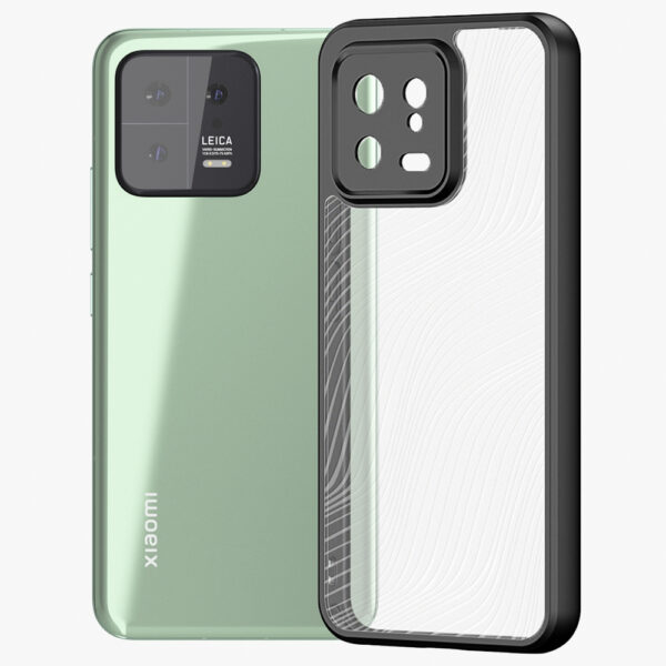 Husa de protectie, compatibila Xiaomi 13, FONIX Matte DeLuxe, Suprafata mata, Spate transparent cu accente sidefate, Margini ridicate, Anti-soc, Negru/Transparent