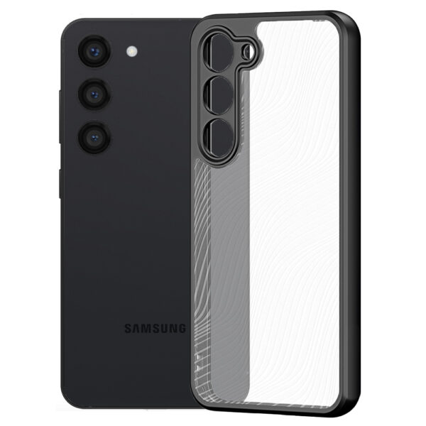 Husa de protectie, compatibila Samsung Galaxy S23 Plus, FONIX Matte DeLuxe, Suprafata mata, Spate transparent cu accente sidefate, Margini ridicate, Anti-soc, Negru/Transparent