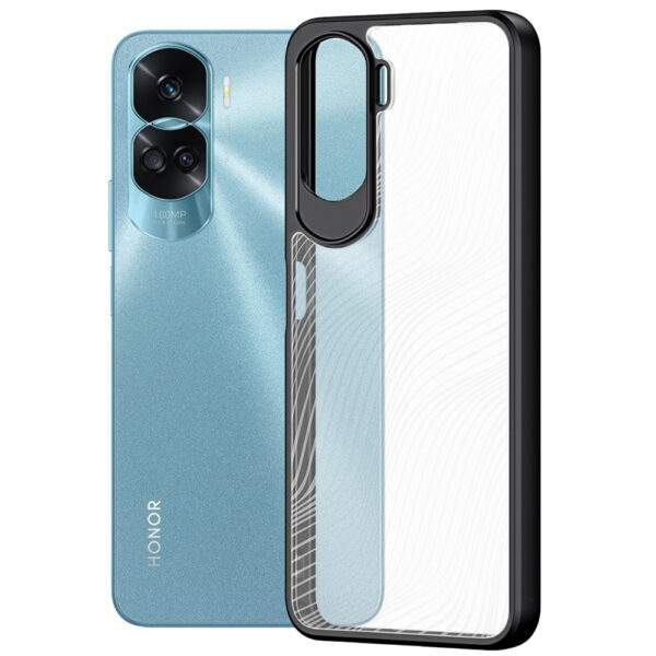 Husa de protectie, compatibila Honor 90 Lite, FONIX Matte DeLuxe, Suprafata mata, Spate transparent cu accente sidefate, Margini ridicate, Anti-soc, Negru/Transparent