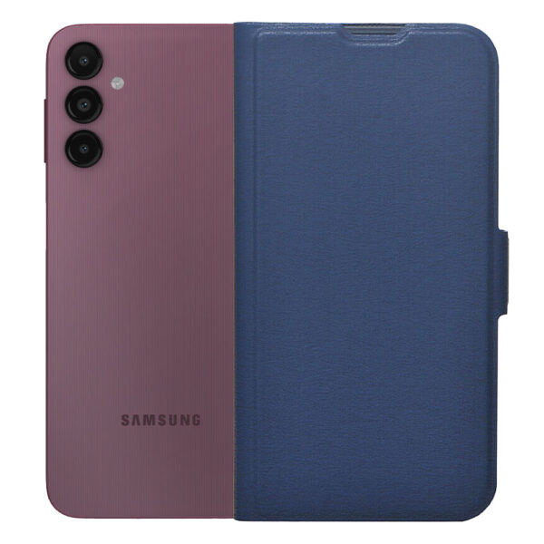 Husa carte, compatibila Samsung Galaxy A14, Piele ecologica, Leather Flip Defense, Protectie fata-spate, Magnet lateral incorporat, Acoperire 360 de grade, Decupaj difuzor apeluri, Functie stand, Albastru