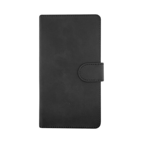 Husa telefon, Tip carte, Universala, Compatibila 5.7 - 6.2 inch, Piele ecologica, Inchidere cu capsa, Compartimente interioare pentru carduri, Protectie fata-spate, Negru