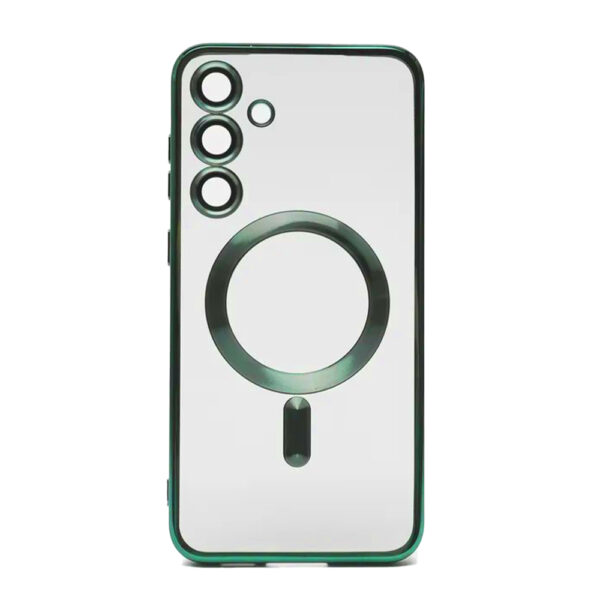 Husa tip MagSafe compatibila cu Samsung Galaxy S24, Snap-On Electroplate, Protectie camere, Margini electroplacate, Atasare magnetica, Bumper compatibil cu incarcarea wireless MagSafe, Verde/Transparent