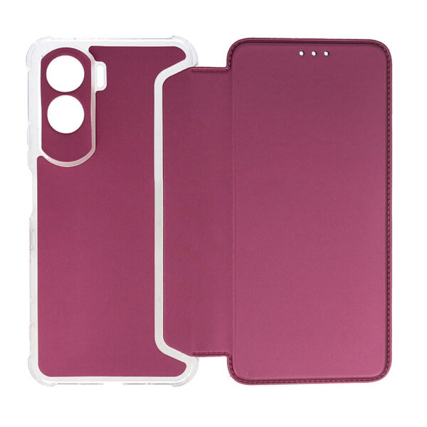 Husa protectie, Compatibila Honor 90 Lite, Hybrid Book Case Plus, Piele ecologica, Buzunar card, Protectie camere, Margini antisoc, Tip Carte, Visiniu