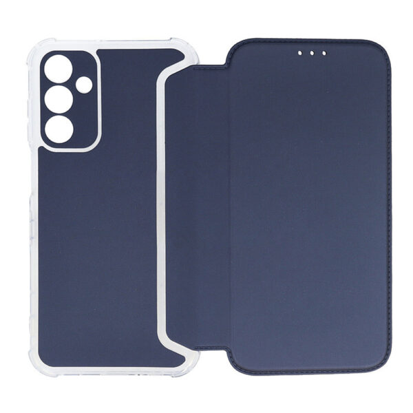 Husa protectie, Compatibila Samsung Galaxy A15, Hybrid Book Case Plus, Piele ecologica, Buzunar card, Protectie camere, Margini antisoc, Tip Carte, Albastru inchis