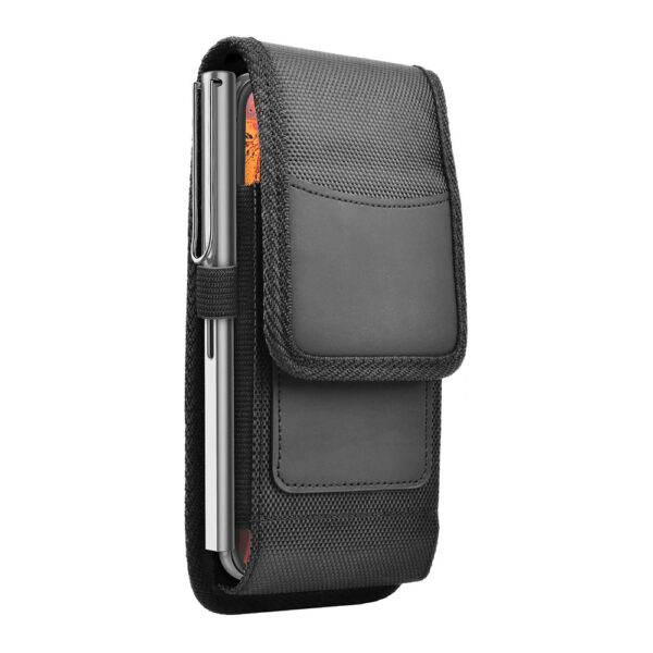 Husa universala pentru telefon, BeltStrap Cover PRO, Atasare la curea, Clema metalica fixare, Carabiniera incorporata, Compartiment lateral pix/stilou, Buzunar interior card, Inchidere cu velcro, Protectie completa, Compatibilitate maxima 6,5 inch, Negru