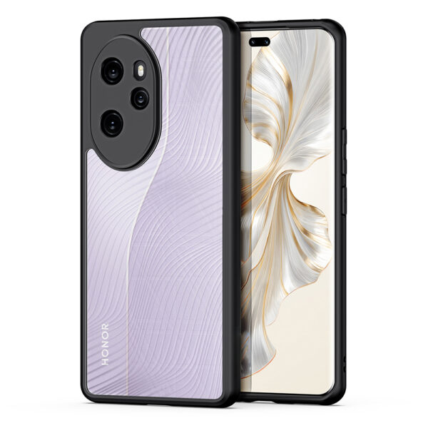 Husa de protectie, compatibila Honor 100 Pro, FONIX Matte DeLuxe, Suprafata mata, Spate transparent cu accente sidefate, Margini ridicate, Anti-soc, Negru/Transparent