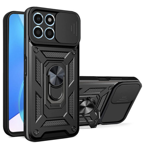 Husa telefon, compatibila cu Honor X6 / X8 5G / 70 Lite, Rugged Shield LensProtect, Anti-soc, Capac glisant pentru camere, Protectie lentile, Acoperire completa, Inel de prindere, Magnet, Negru